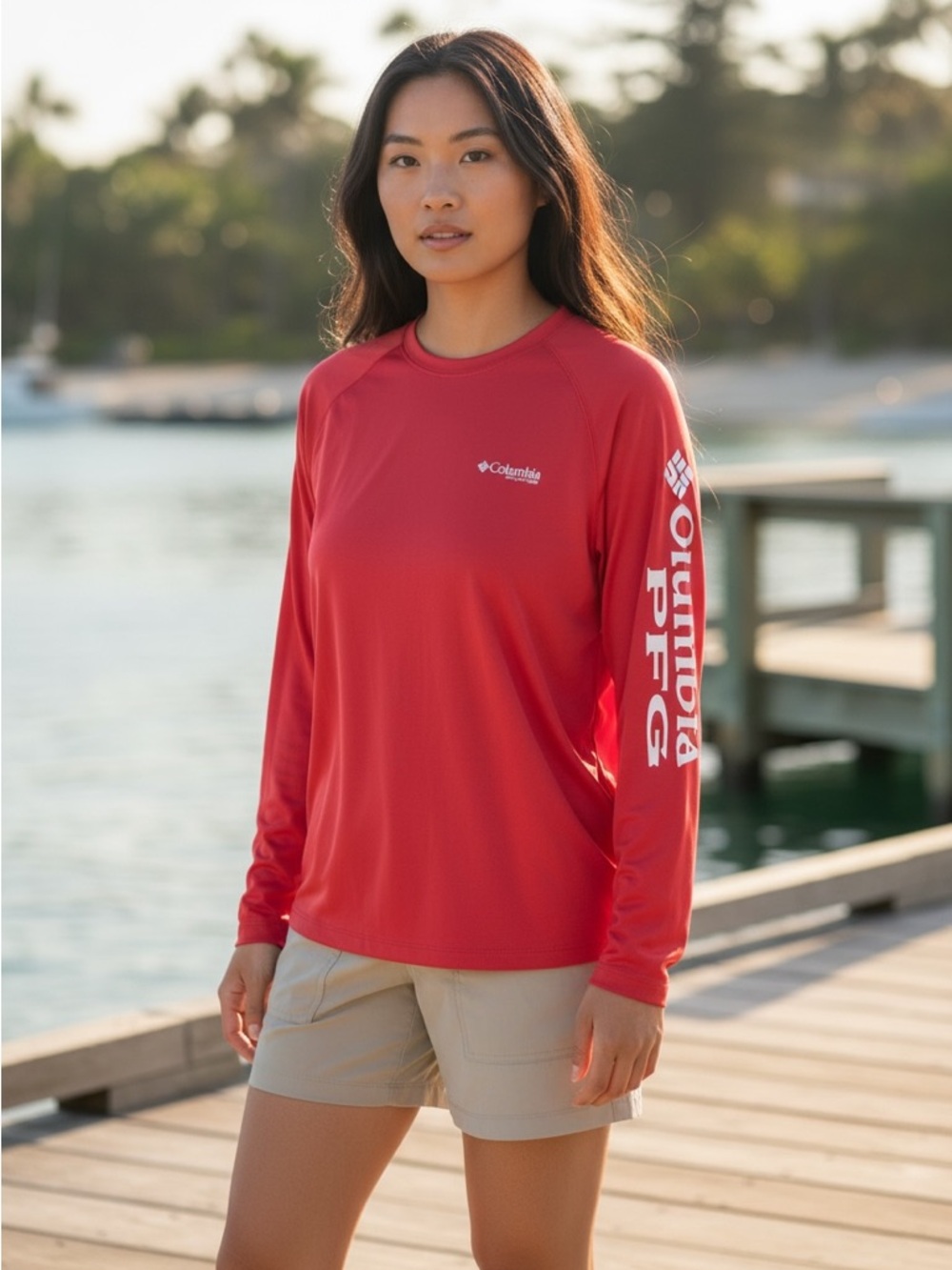 Columbia Women’s PFG Fishing Bright Red Long-Sleeve Performance Tee